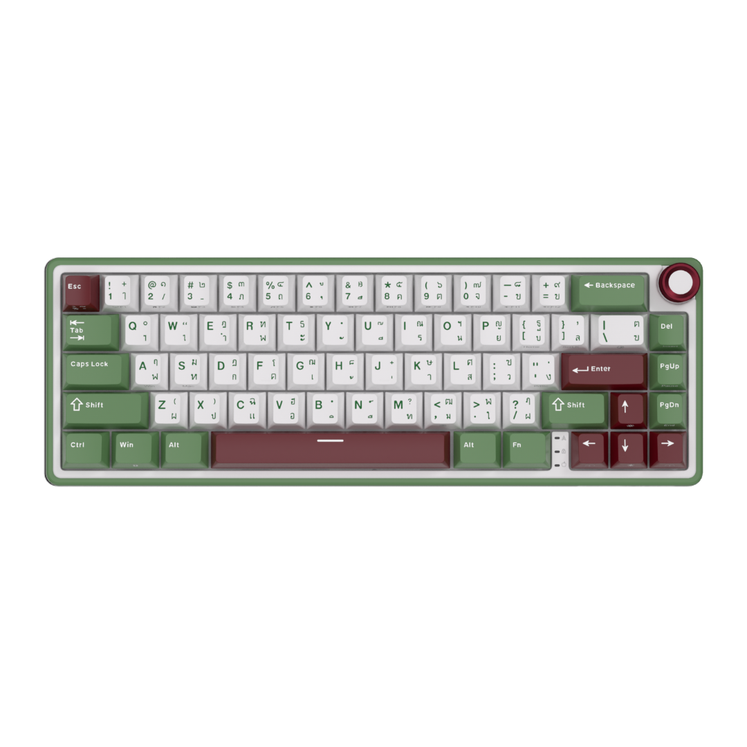 Compact mechanical keyboard with dark keycaps, beige highlights, and a metal volume knob
