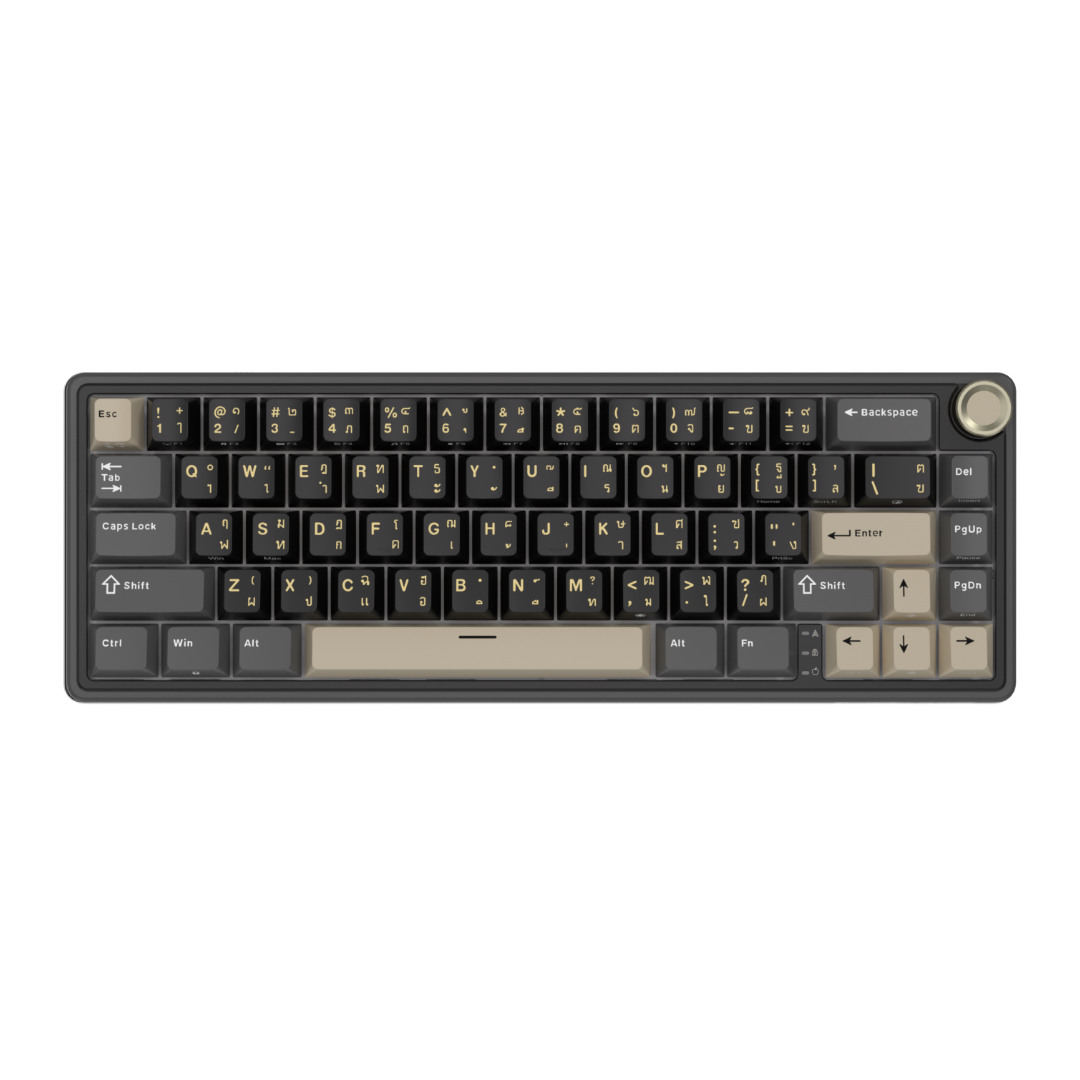 Compact mechanical keyboard with dark keycaps, beige highlights, and a metal volume knob