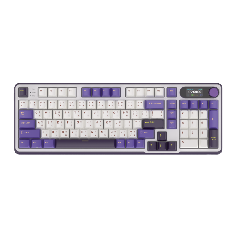 Mechanical gaming keyboard with digital display and yellow accents