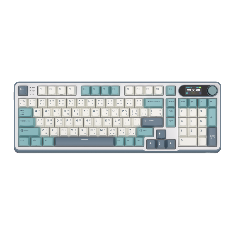 Mechanical gaming keyboard with digital display and yellow accents