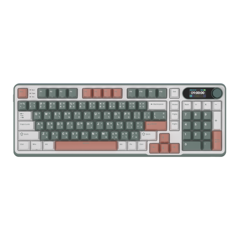 Mechanical gaming keyboard with digital display and yellow accents