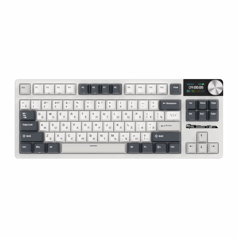 Mechanical gaming keyboard with digital display and yellow accents