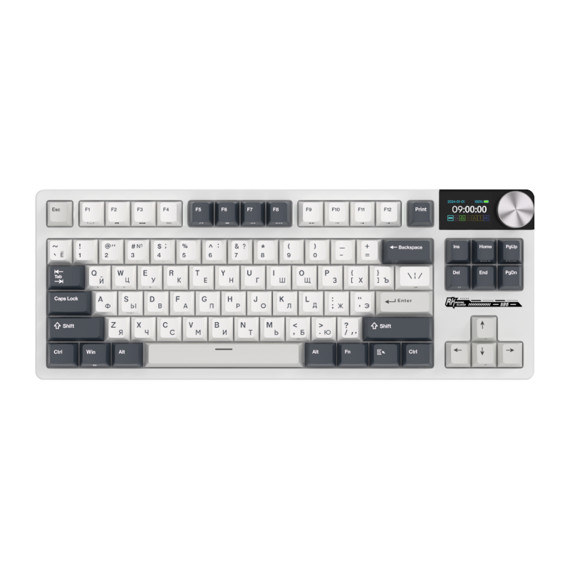Mechanical gaming keyboard with digital display and yellow accents