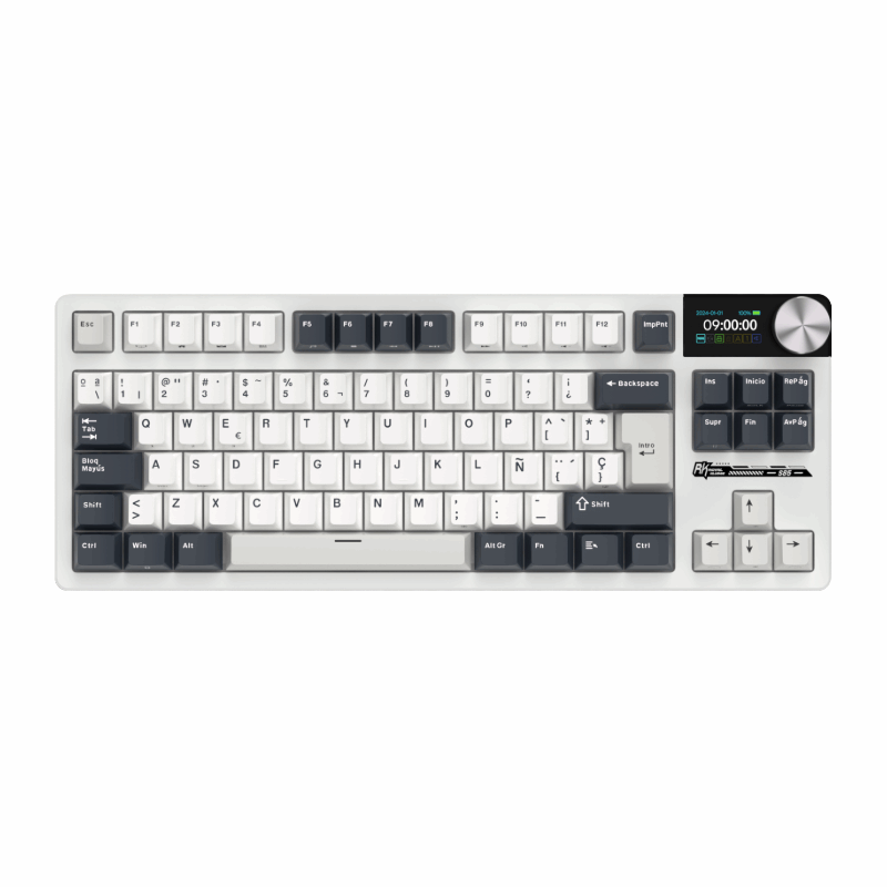 Mechanical gaming keyboard with digital display and yellow accents
