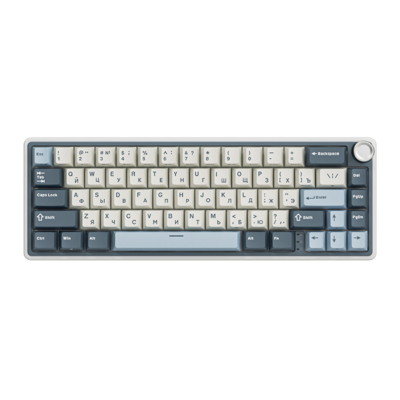 Compact mechanical keyboard with dark keycaps, beige highlights, and a metal volume knob