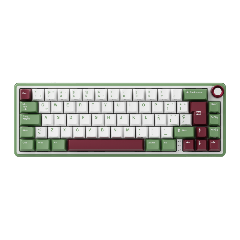 Compact mechanical keyboard with dark keycaps, beige highlights, and a metal volume knob