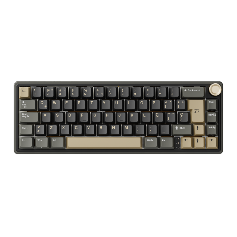 Compact mechanical keyboard with dark keycaps, beige highlights, and a metal volume knob