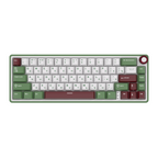 Compact mechanical keyboard with dark keycaps, beige highlights, and a metal volume knob
