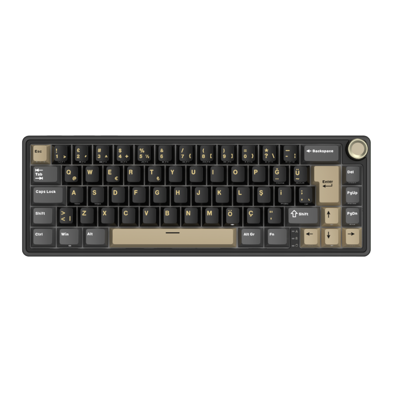Compact mechanical keyboard with dark keycaps, beige highlights, and a metal volume knob