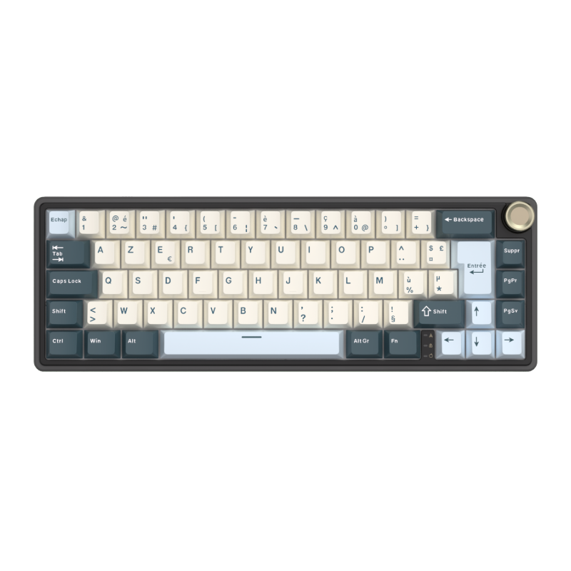 Compact mechanical keyboard with dark keycaps, beige highlights, and a metal volume knob